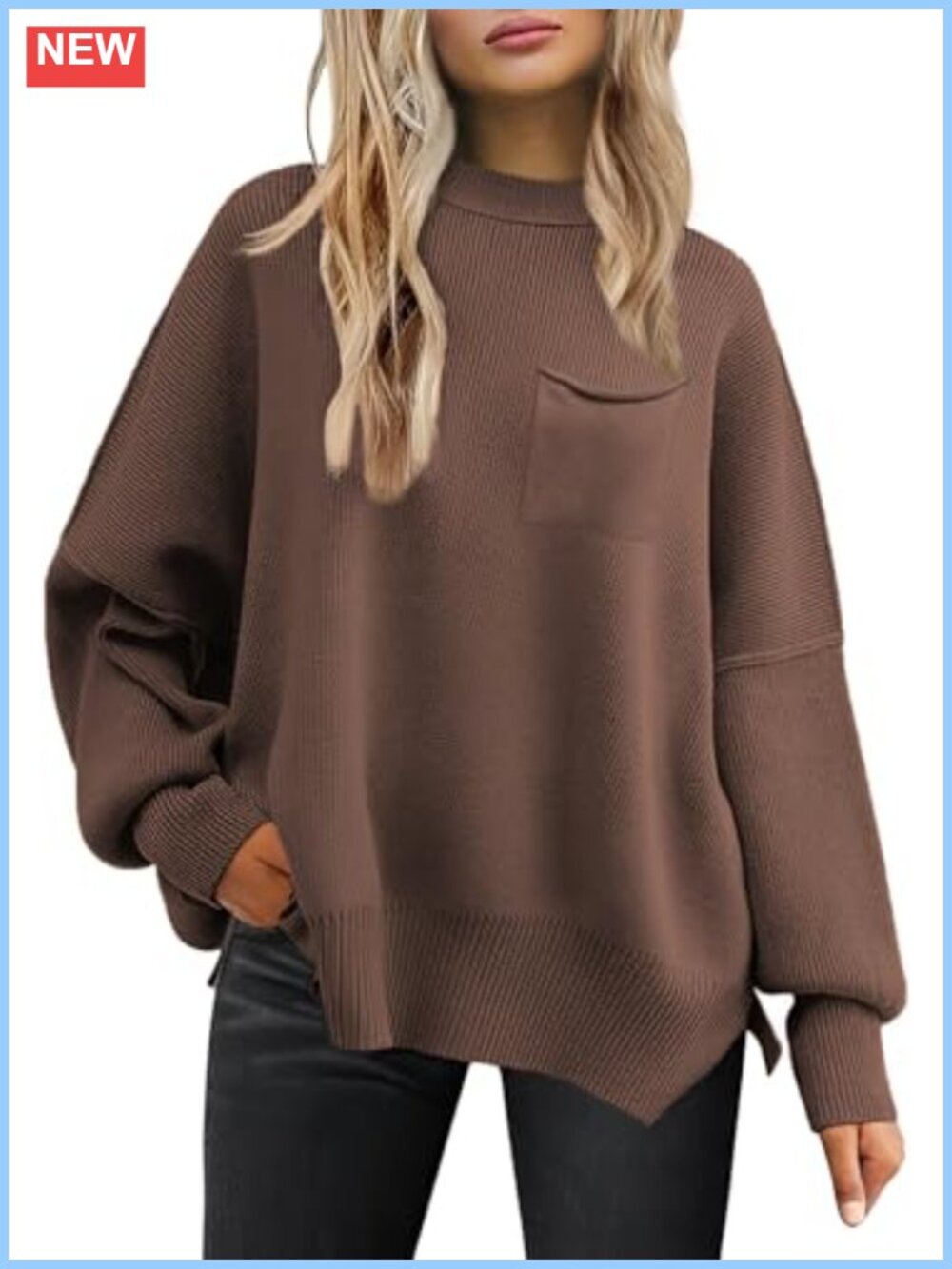 Womens Oversized Ribbed Knit Crewneck Pullover Sweater Batwing Sleeve